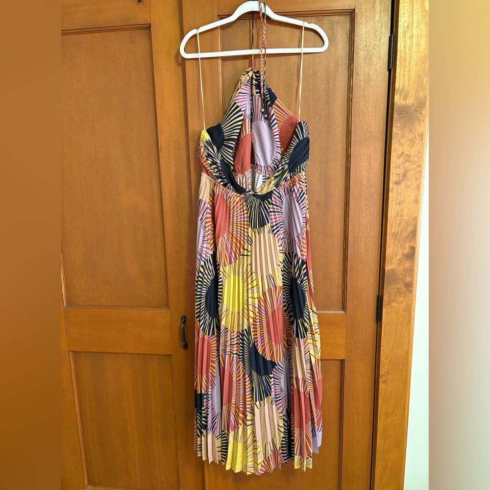 HOUSE OF HARLOW PLEATED TIE-NECK CUT-OUT-BODICE BACKLESS HALTER MAXI DRESS sz L - Picture 6 of 9
